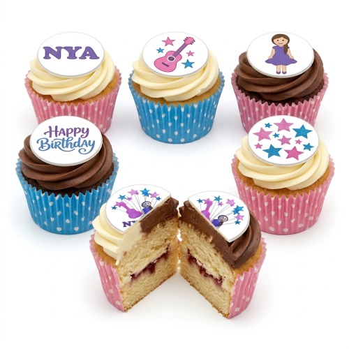 Cupcakes with vanilla and chocolate frosting, topped with edible discs featuring a pink guitar, blue and pink stars, a girl in a purple dress, and a 'Happy Birthday' message.