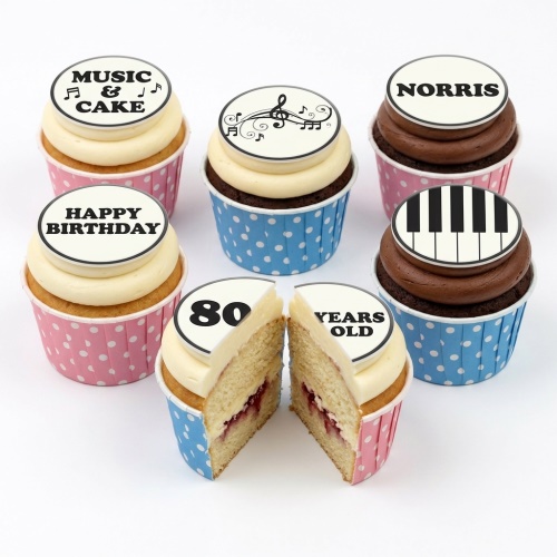 Music themed birthday cupcakes with musical notes, piano keys, and custom age toppers.