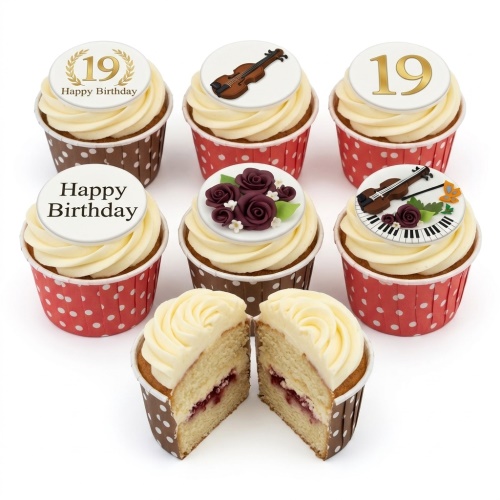 Cupcakes with musical instruments, floral decorations, and custom age toppers.