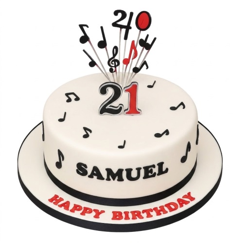 Round white birthday cake with black musical notes, a red and black custom age topper, and a personalised message.