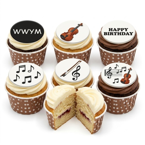 Music themed cupcakes with violins, musical notes, and "Happy Birthday" message.