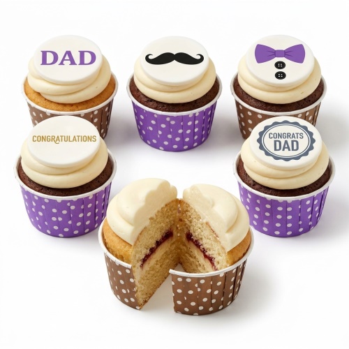 Cupcakes for Dad with mustache, bow tie, and 'DAD' message toppers in brown and purple wrappers.