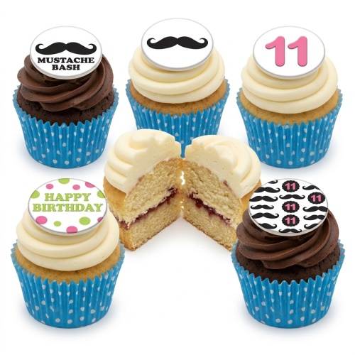 Moustache themed birthday cupcakes with custom age topper and 'Happy Birthday' message in blue polka dot cases.
