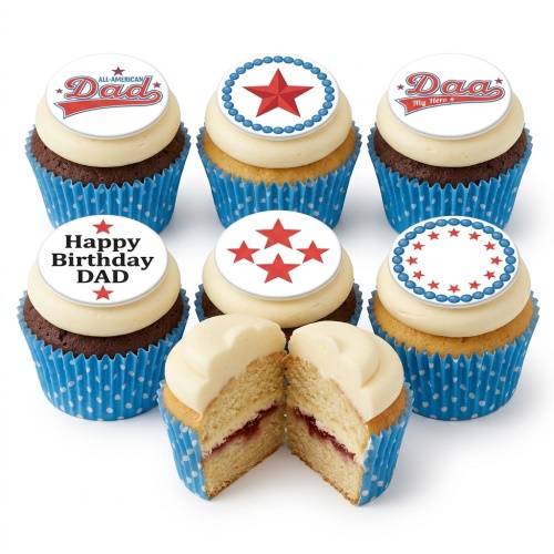 Set of Dad themed cupcakes with red and blue star toppers and 'Happy Birthday Dad' messages, in blue polka dot cases.