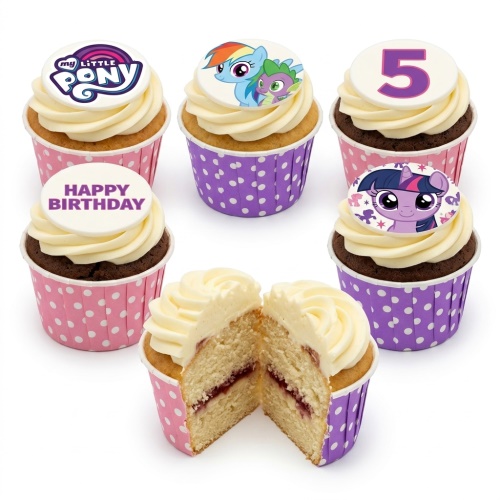My Little Pony themed cupcakes with custom age 5 and Happy Birthday message on white frosting.