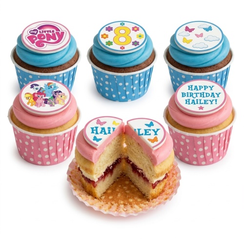 My Little Pony themed birthday cupcakes with custom age and personalised message toppers.