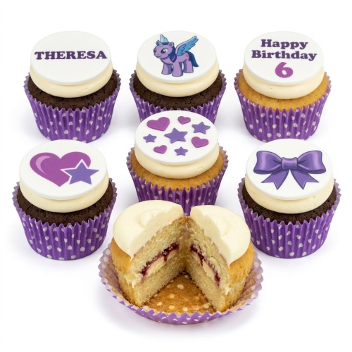 My Little Pony themed birthday cupcakes with hearts, stars, bows, and a custom age topper.