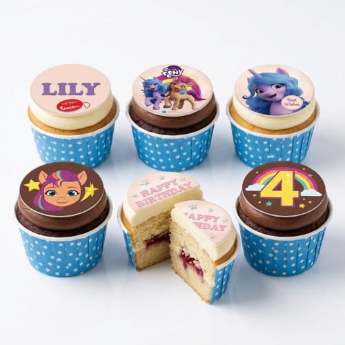 A selection of My Little Pony themed birthday cupcakes with various character toppers, a custom age '4' topper, and a personalised name topper.