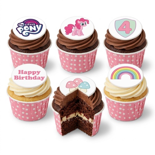 My Little Pony themed cupcakes with Pinkie Pie, rainbow, mushrooms, and custom age topper