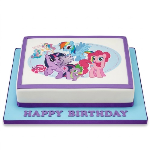 Square white My Little Pony birthday cake with edible character image and purple and blue trim.