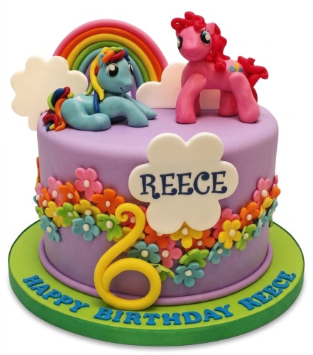 Round purple My Little Pony birthday cake with Rainbow Dash, Pinkie Pie, rainbow, clouds, colourful flowers, and custom age topper.