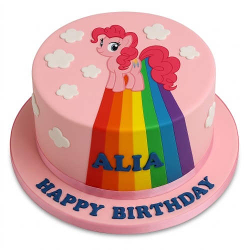 Pink My Little Pony cake with Pinkie Pie character and a rainbow design, surrounded by white clouds.