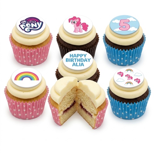 My Little Pony cupcakes with Pinkie Pie, logo, rainbows, and custom age topper.