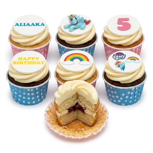 My Little Pony themed birthday cupcakes with Rainbow Dash, rainbows, 'Happy Birthday' message, and a custom age topper.
