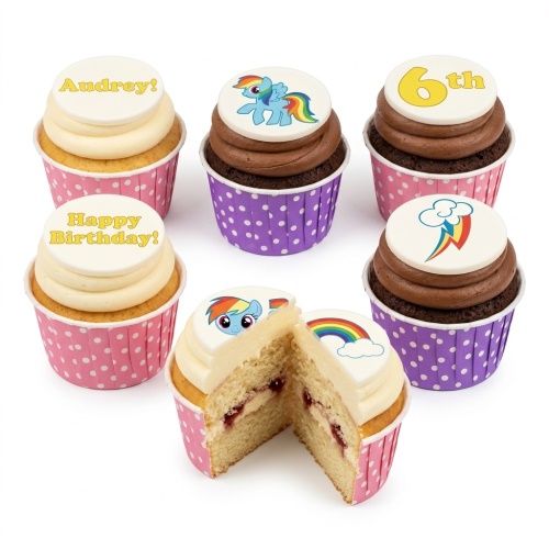 My Little Pony cupcakes with Rainbow Dash, rainbows, and custom age/message toppers.