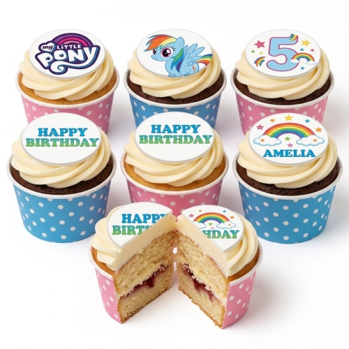 My Little Pony themed birthday cupcakes with rainbow designs, custom age, and personalised name toppers.