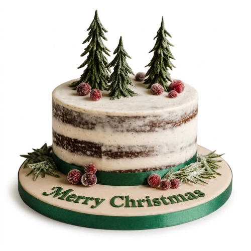 Semi-naked Christmas cake with edible pine trees, sugared cranberries, frosted foliage, and "Merry Christmas" text.