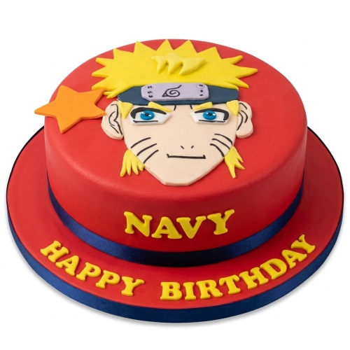 Round red Naruto character birthday cake with yellow hair, blue eyes, and a blue ribbon.