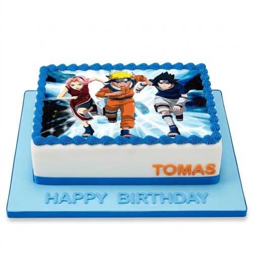 Rectangular white birthday cake with edible image of Naruto characters, blue icing border, and blue ribbon.