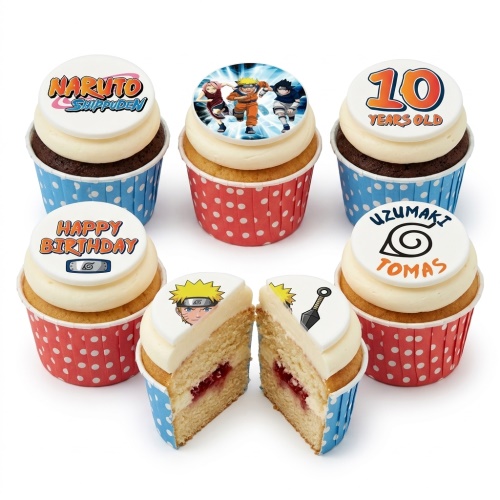 Naruto theme cupcakes with edible toppers, white frosting, and polka dot wrappers. Features Naruto characters, logo, and custom age/name examples.