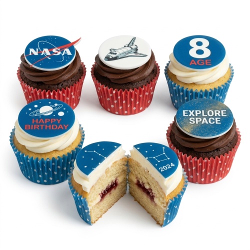 Selection of space theme cupcakes with NASA logo, space shuttle, planets, and constellations toppers.