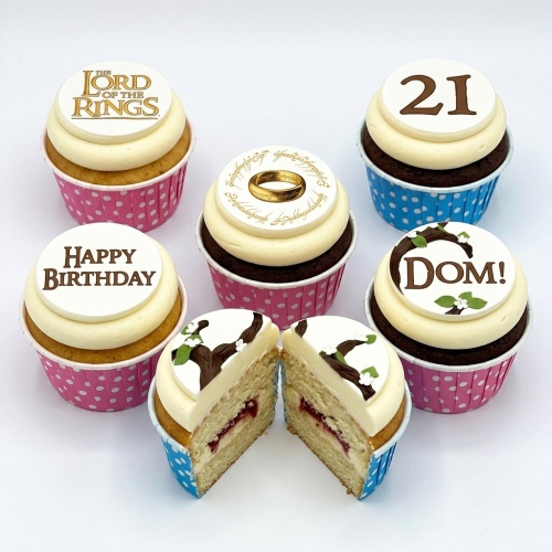 Lord of the Rings themed cupcakes with logo, ring, happy birthday, custom age, and personalised name toppers.