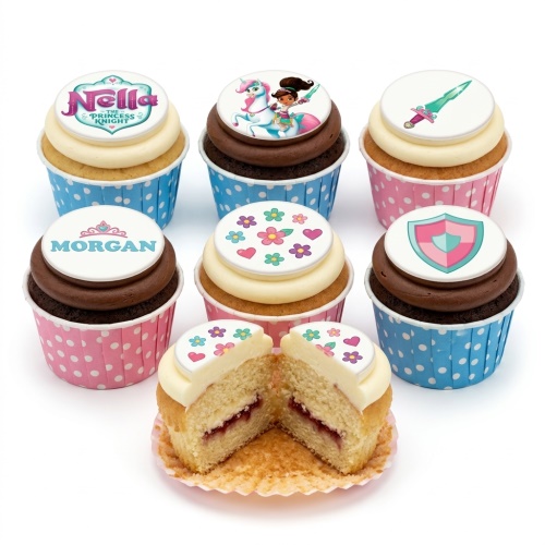 Nella The Princess Knight themed cupcakes with character, unicorn, sword, and shield toppers, in pink and blue cases.