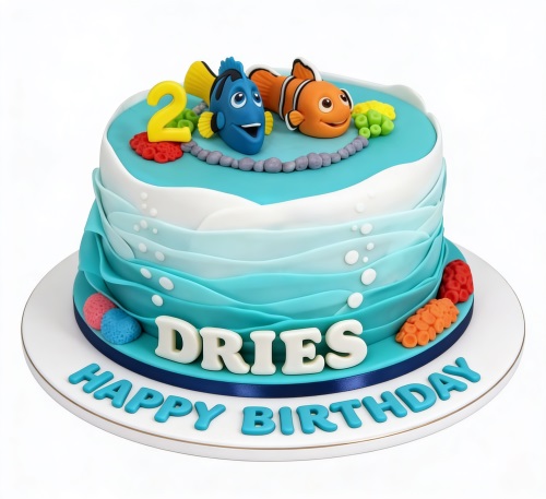 Two-tiered Under The Sea birthday cake with Dory and Nemo characters, custom age topper, and personalised name.