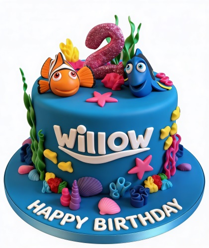 Blue round cake with Finding Nemo and Dory characters, colourful sea decorations, and a custom age topper.