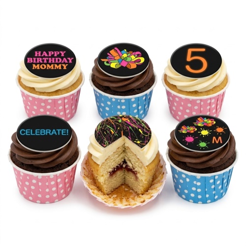 Cupcakes with black toppers featuring neon paint splatters, a gift bow, and customisable age and message.