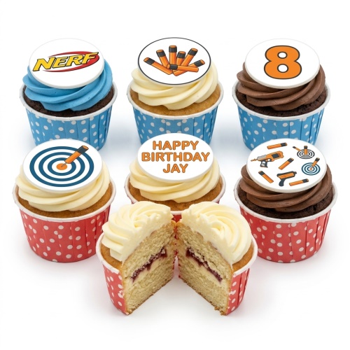 Nerf themed cupcakes with logo, darts, blasters, target, and custom age topper