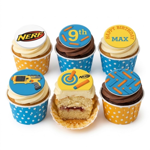 NERF themed cupcakes with blaster, darts, target, NERF logo, and custom age topper.