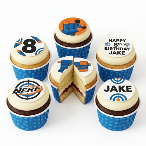 Nerf themed cupcakes with blasters, darts, and target designs, featuring custom age and name toppers.