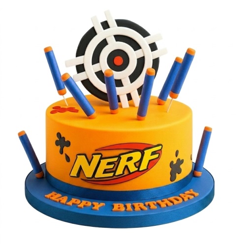 Round orange and blue Nerf birthday cake with target topper and blue foam darts.