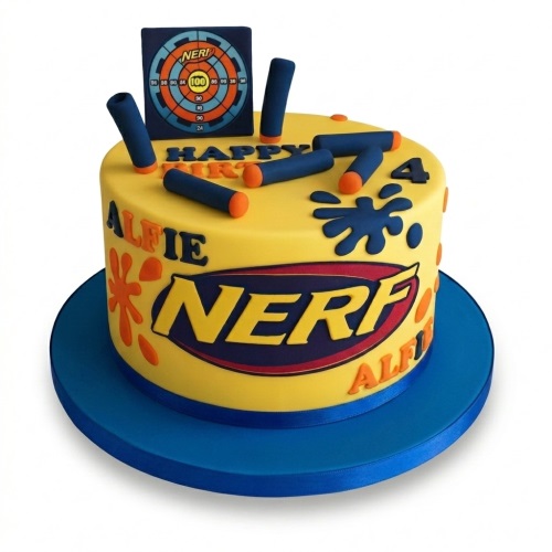 Yellow Nerf themed birthday cake with darts, target, and blue splatters.