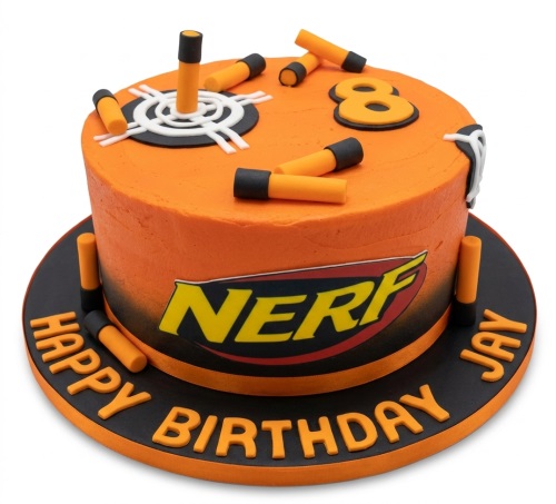 Orange and black Nerf theme birthday cake with edible darts, target, and custom age topper.