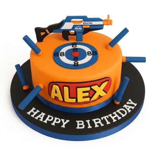 Round orange and blue Nerf theme birthday cake with blaster topper, target, and blue darts.