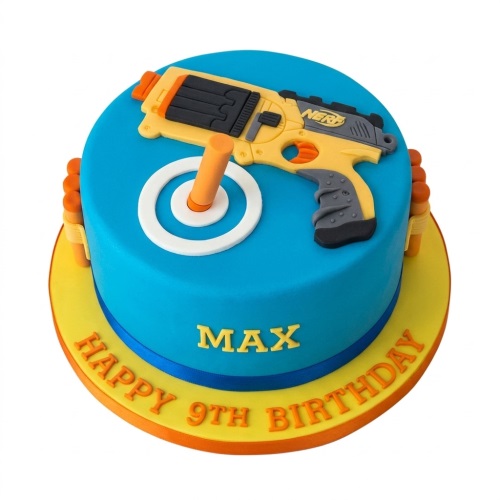 Round blue and yellow cake with a yellow Nerf blaster, target, and orange darts.