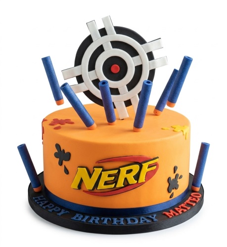 Orange Nerf theme birthday cake with blue darts, target topper, and custom message board.
