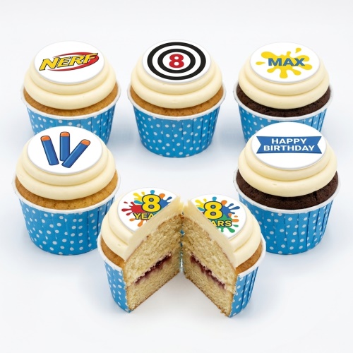 Nerf themed birthday cupcakes with blaster, target, and 'Happy Birthday' toppers.