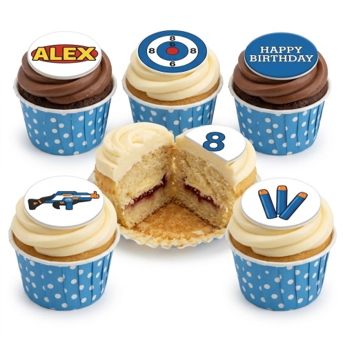 Assortment of gaming theme birthday cupcakes with blaster gun, darts, target, and custom age topper.
