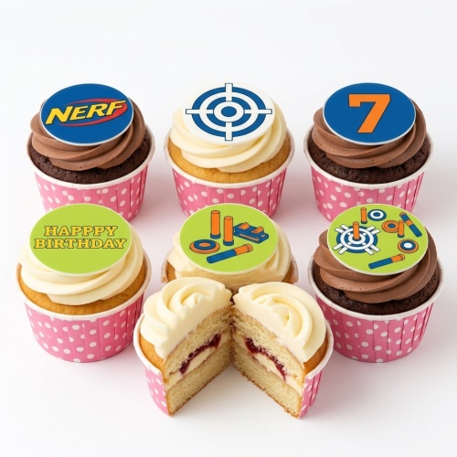 Assortment of Nerf theme birthday cupcakes with edible logos, targets, and darts.