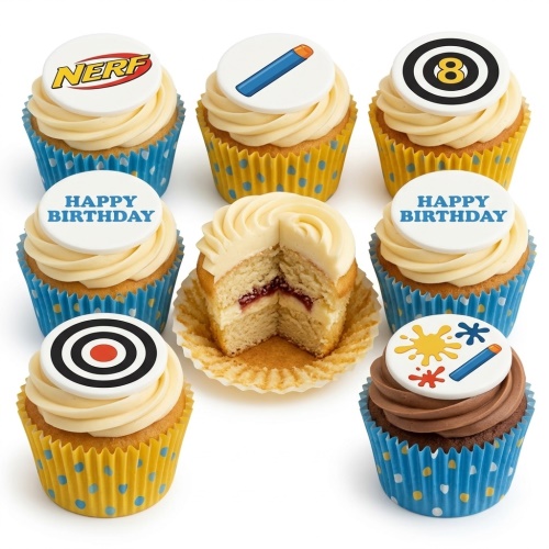 Nerf-themed birthday cupcakes with blaster dart, target, and logo toppers in yellow and blue cases.