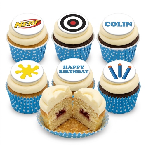 Nerf themed cupcakes with logo, target, darts, and splat designs, in blue polka dot wrappers.