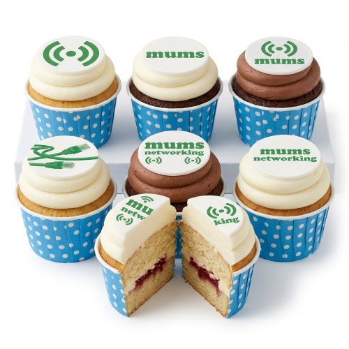 Cupcakes with white and green Wi-Fi and Ethernet toppers, in blue polka dot cases, for a mums networking event.