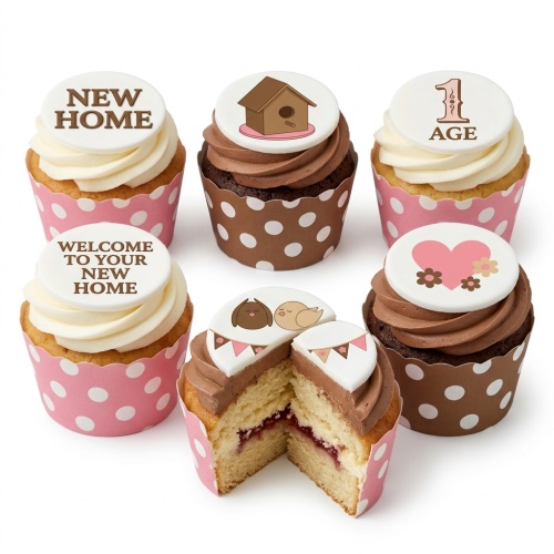 Assorted cupcakes with New Home, Welcome to Your New Home, custom age, birdhouse, birds, and heart toppers.
