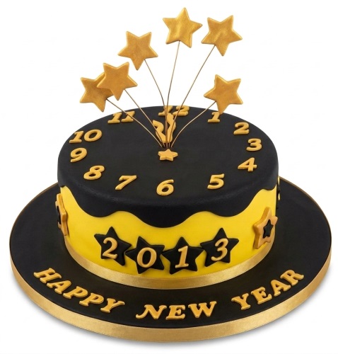 Black and gold New Year's Eve cake with a clock face, gold stars, and "Happy New Year" message.