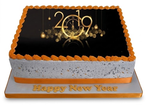 Rectangular New Year cake with black and gold design, clock, and "Happy New Year" message.