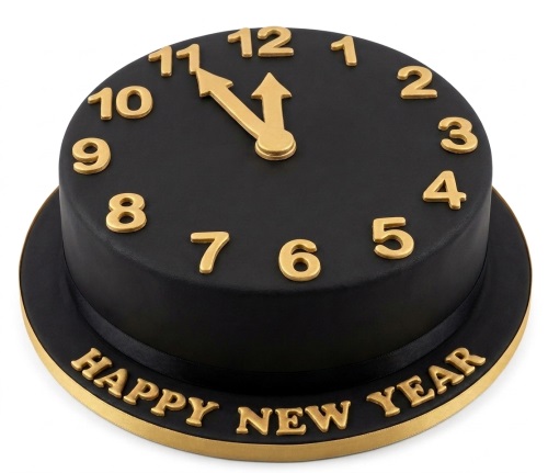Round black cake with gold clock face and 'Happy New Year' message around the base.