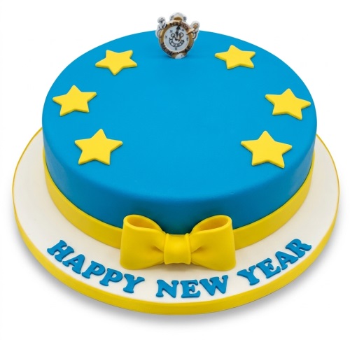 Round blue New Year cake with yellow stars, a clock topper, yellow bow, and "Happy New Year" message.